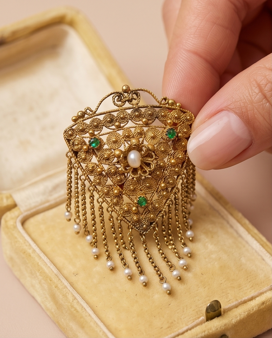 Broche bizantino seed pearls y esmeraldas - Imagen 2