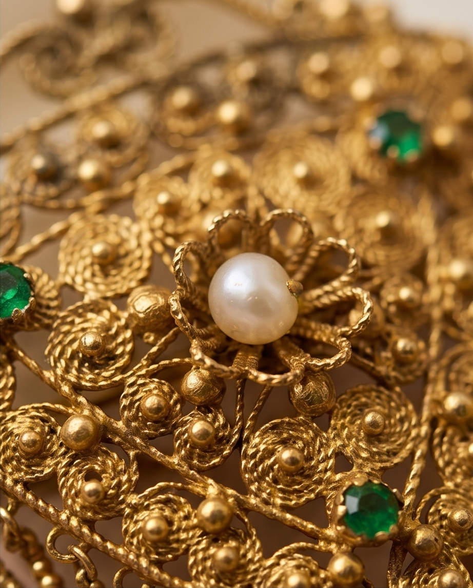 Broche bizantino seed pearls y esmeraldas - Imagen 3
