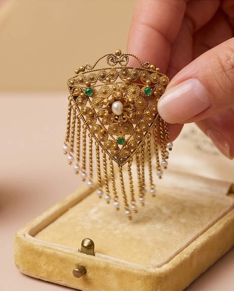 Broche bizantino seed pearls y esmeraldas - Imagen 4