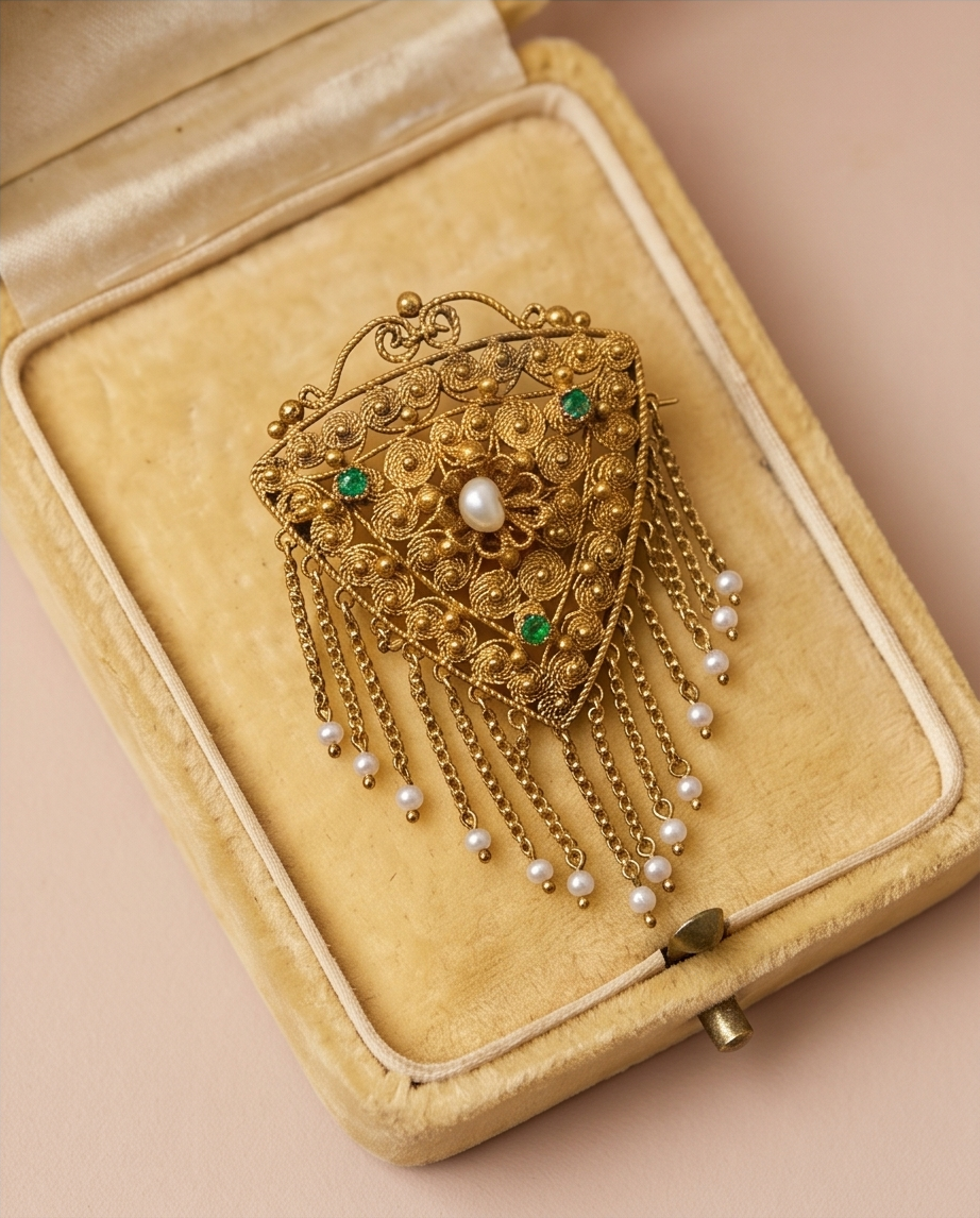Broche bizantino seed pearls y esmeraldas