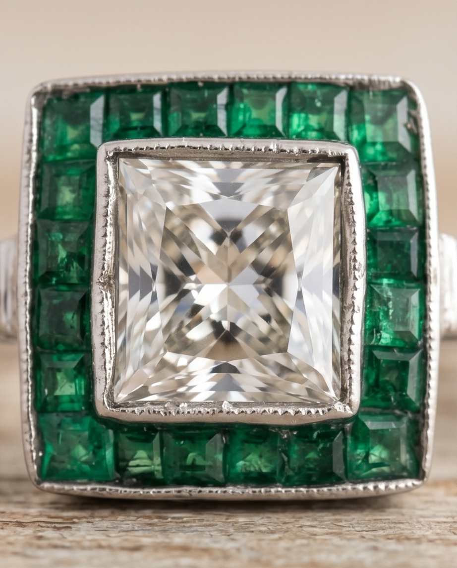 Anillo ojo de perdiz esmeraldas diamante 1.02ct - Imagen 5