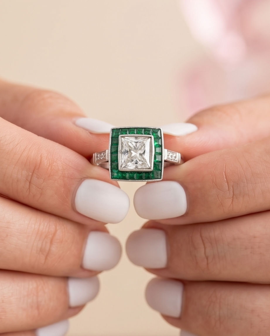 Anillo ojo de perdiz esmeraldas diamante 1.02ct - Imagen 6