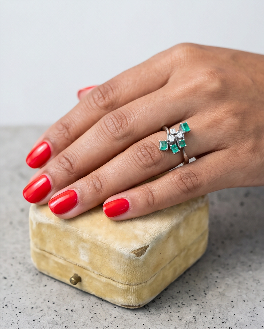 Anillo de cóctel Mid-Century esmeraldas