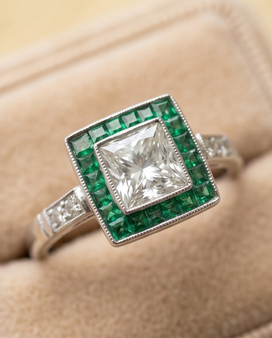 Anillo ojo de perdiz esmeraldas diamante 1.02ct