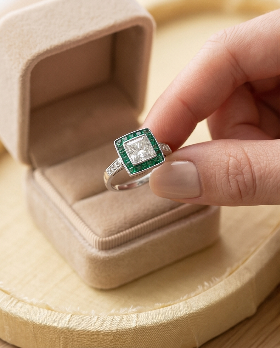 Anillo ojo de perdiz esmeraldas diamante 1.02ct - Imagen 2